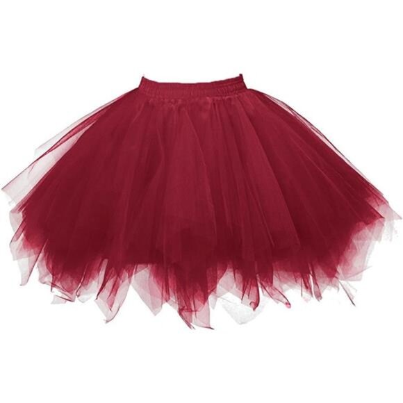 Women's Short Vintage Ballet Bubble Puffy Tutu Petticoat Skirt Burgundy - Picture 1 of 3